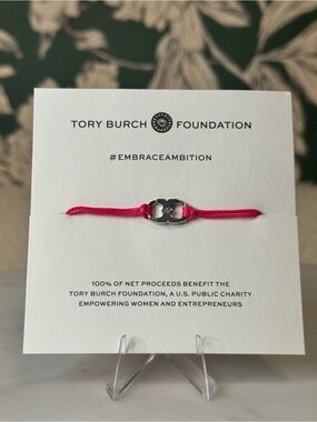 Tory Burch Pink Cord Bracelet with Silver Logo Charm NEW